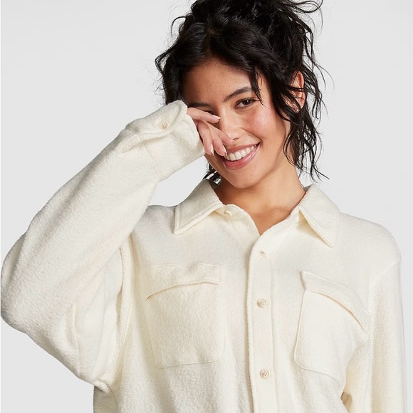 Pink Victoria Secret Cream Reverse Fleece Shacket Long Sleeve Shirt Top XL NWT - Picture 7 of 10